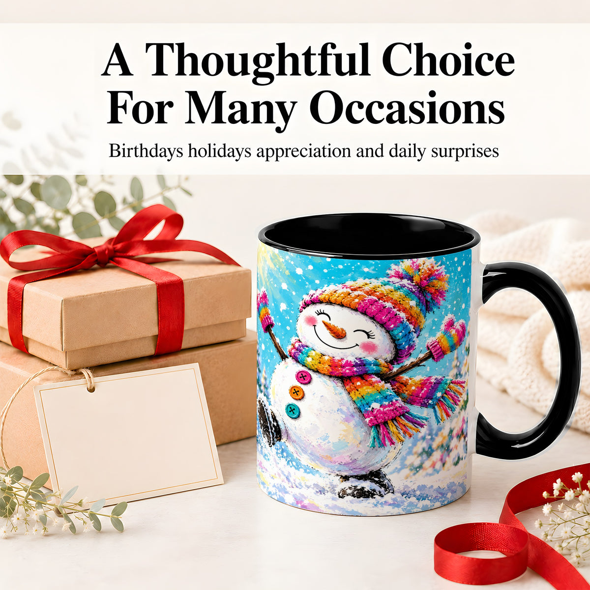 #pl[11oz|Black] Colorful Winter Snowman Ceramic Mug, Snowy Seasonal Artwork