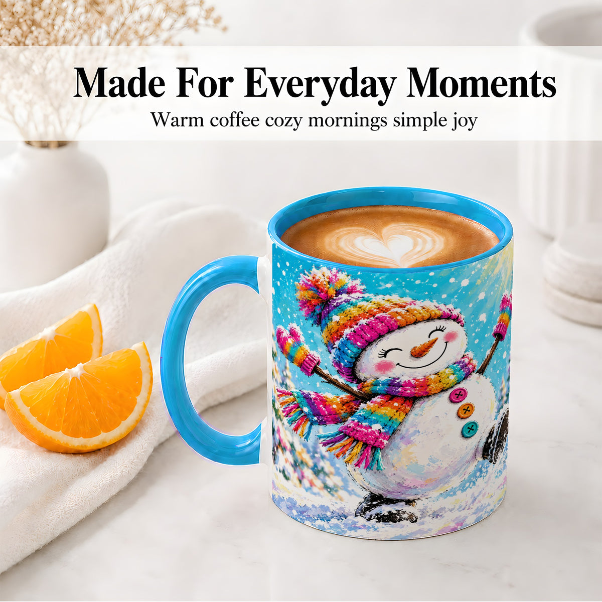 #pl[11oz|Blue] Colorful Winter Snowman Ceramic Mug, Snowy Seasonal Artwork