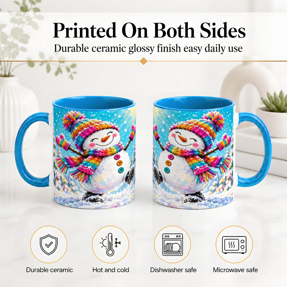 #pl[11oz|Blue] Colorful Winter Snowman Ceramic Mug, Snowy Seasonal Artwork