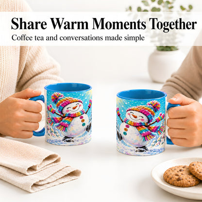 #pl[11oz|Blue] Colorful Winter Snowman Ceramic Mug, Snowy Seasonal Artwork