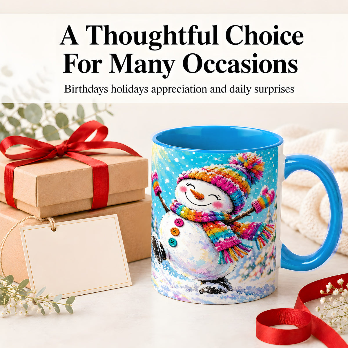 #pl[11oz|Blue] Colorful Winter Snowman Ceramic Mug, Snowy Seasonal Artwork