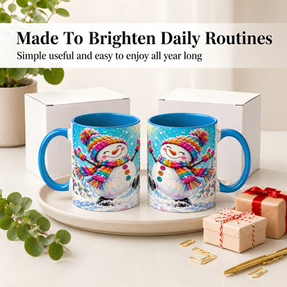 #pl[11oz|Blue] Colorful Winter Snowman Ceramic Mug, Snowy Seasonal Artwork