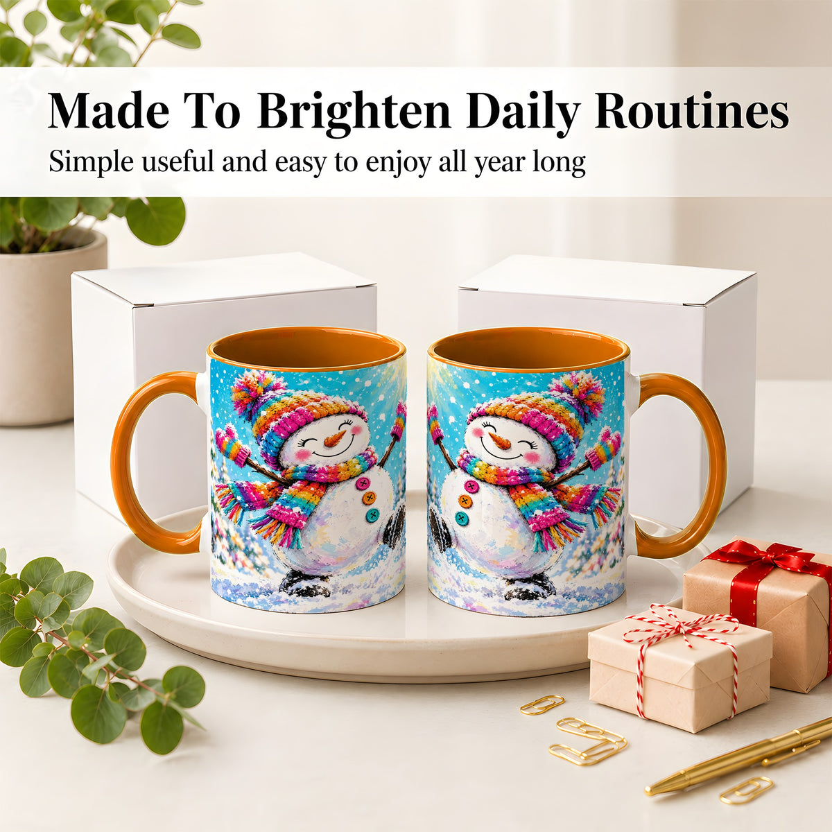 #pl[11oz|Orange] Colorful Winter Snowman Ceramic Mug, Snowy Seasonal Artwork