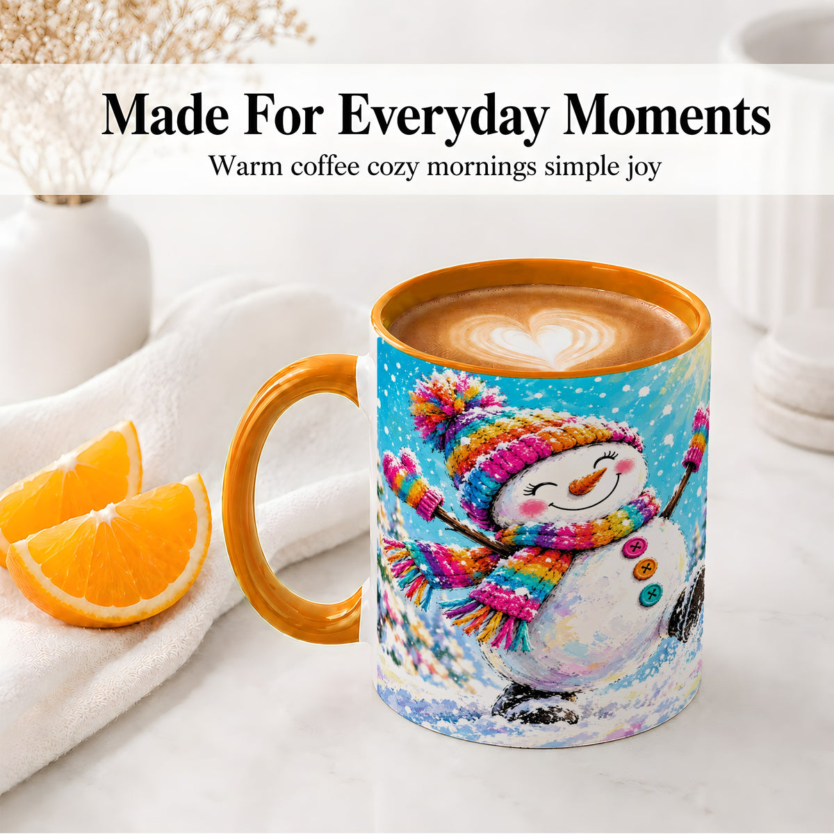 #pl[11oz|Orange] Colorful Winter Snowman Ceramic Mug, Snowy Seasonal Artwork