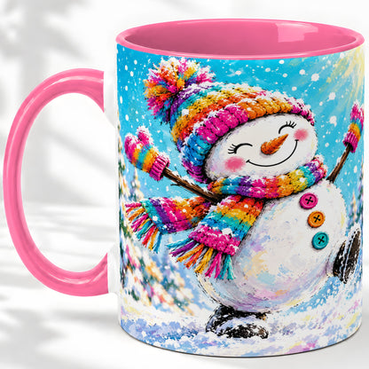 #pl[11oz|Pink] Colorful Winter Snowman Ceramic Mug, Snowy Seasonal Artwork