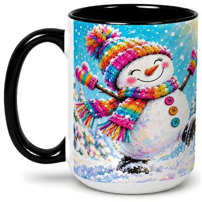 #pl[15oz|Black] Colorful Winter Snowman Ceramic Mug, Snowy Seasonal Artwork