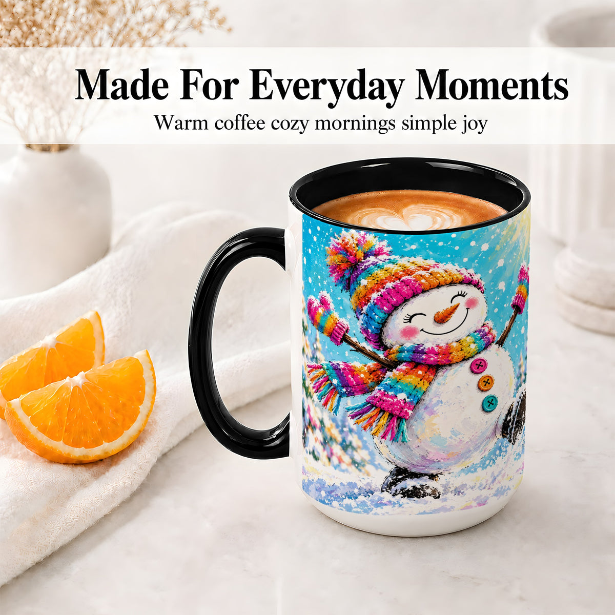 #pl[15oz|Black] Colorful Winter Snowman Ceramic Mug, Snowy Seasonal Artwork