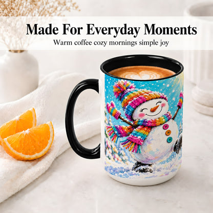 #pl[15oz|Black] Colorful Winter Snowman Ceramic Mug, Snowy Seasonal Artwork