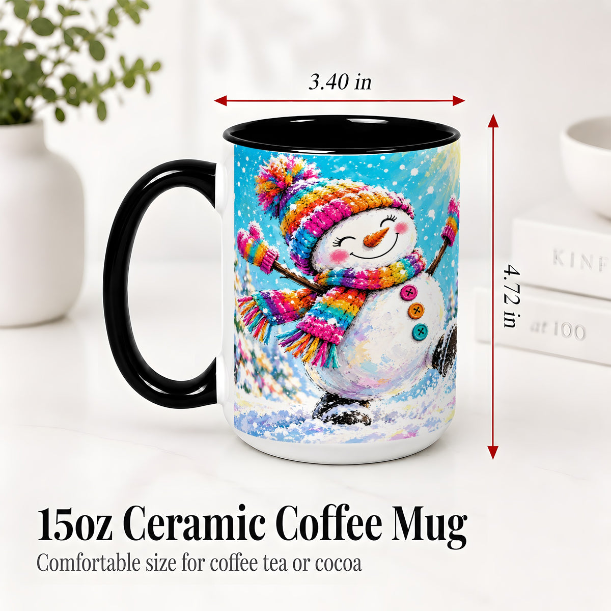 #pl[15oz|Black] Colorful Winter Snowman Ceramic Mug, Snowy Seasonal Artwork