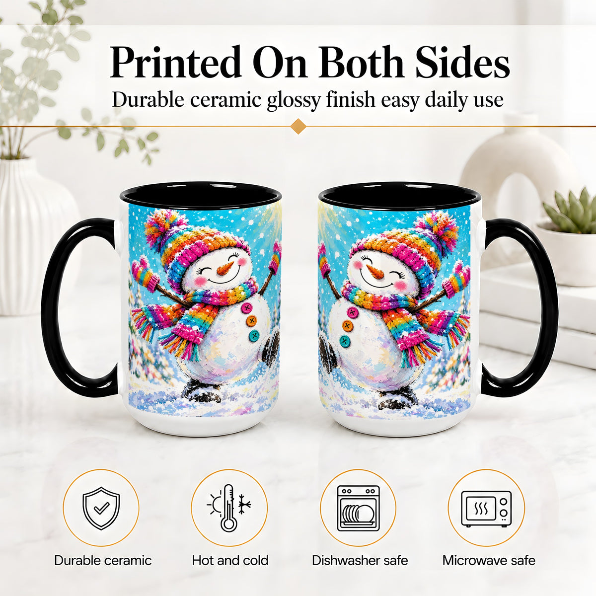 #pl[15oz|Black] Colorful Winter Snowman Ceramic Mug, Snowy Seasonal Artwork