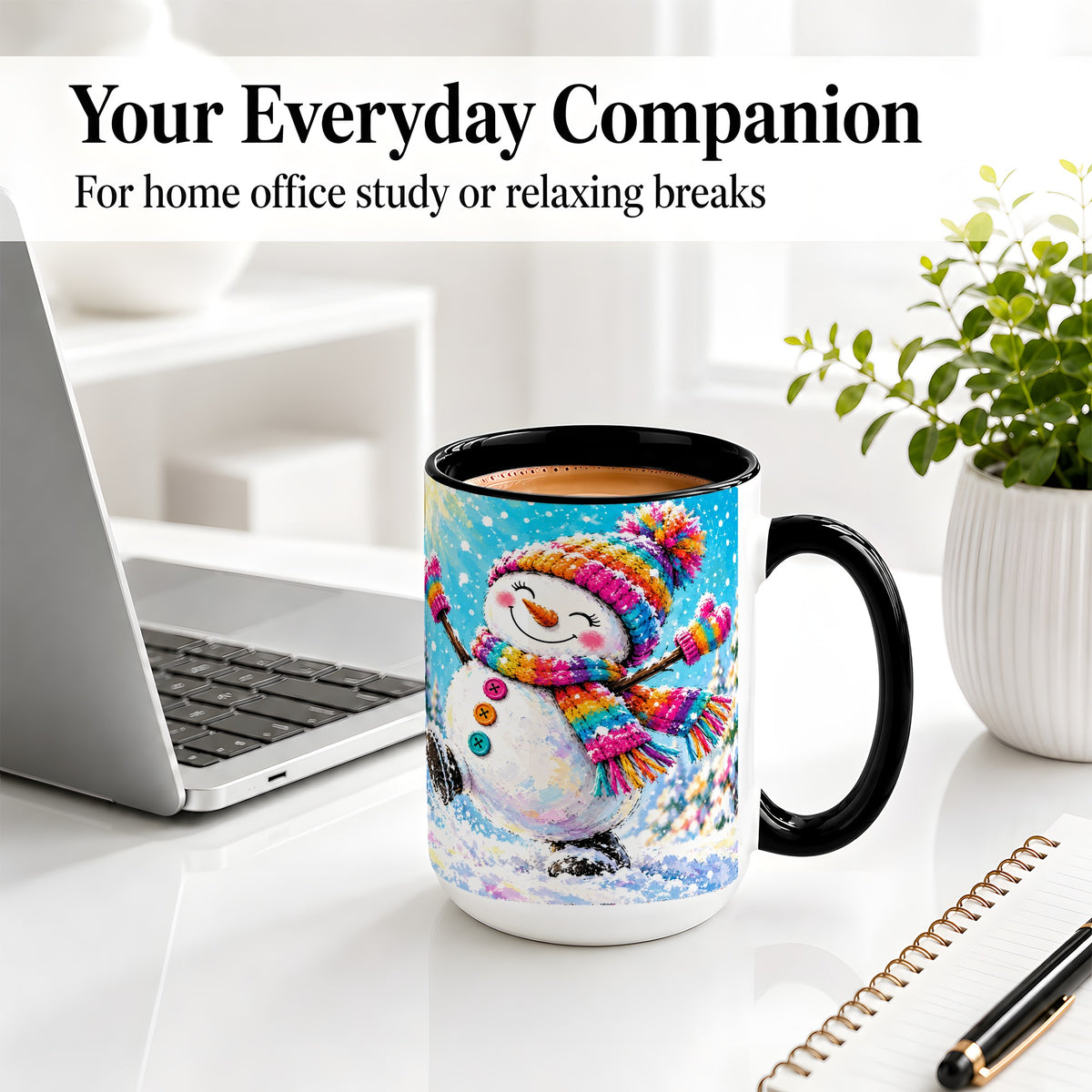 #pl[15oz|Black] Colorful Winter Snowman Ceramic Mug, Snowy Seasonal Artwork