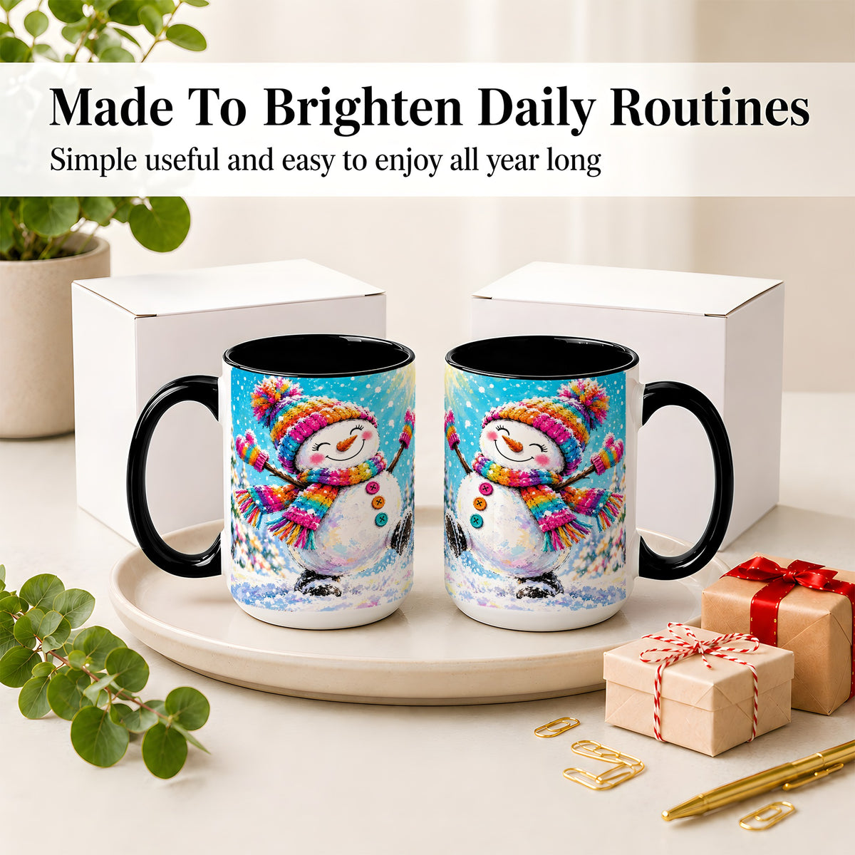 #pl[15oz|Black] Colorful Winter Snowman Ceramic Mug, Snowy Seasonal Artwork