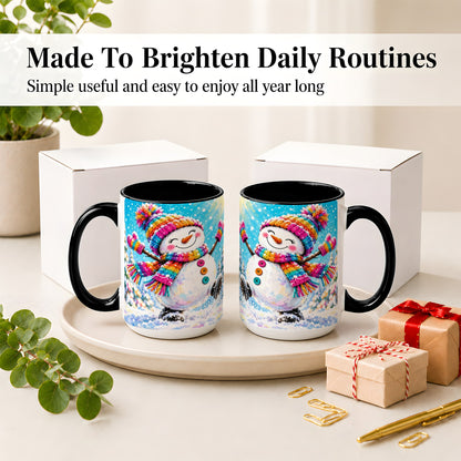 #pl[15oz|Black] Colorful Winter Snowman Ceramic Mug, Snowy Seasonal Artwork