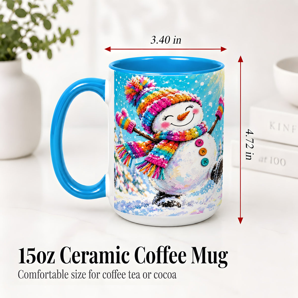 #pl[15oz|Blue] Colorful Winter Snowman Ceramic Mug, Snowy Seasonal Artwork