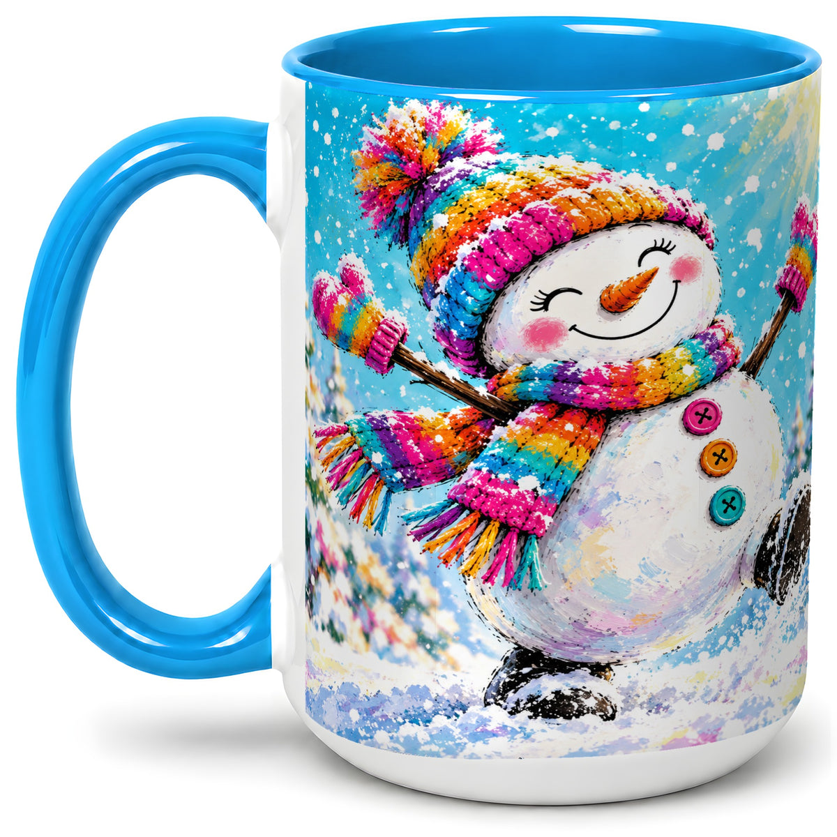 #pl[15oz|Blue] Colorful Winter Snowman Ceramic Mug, Snowy Seasonal Artwork