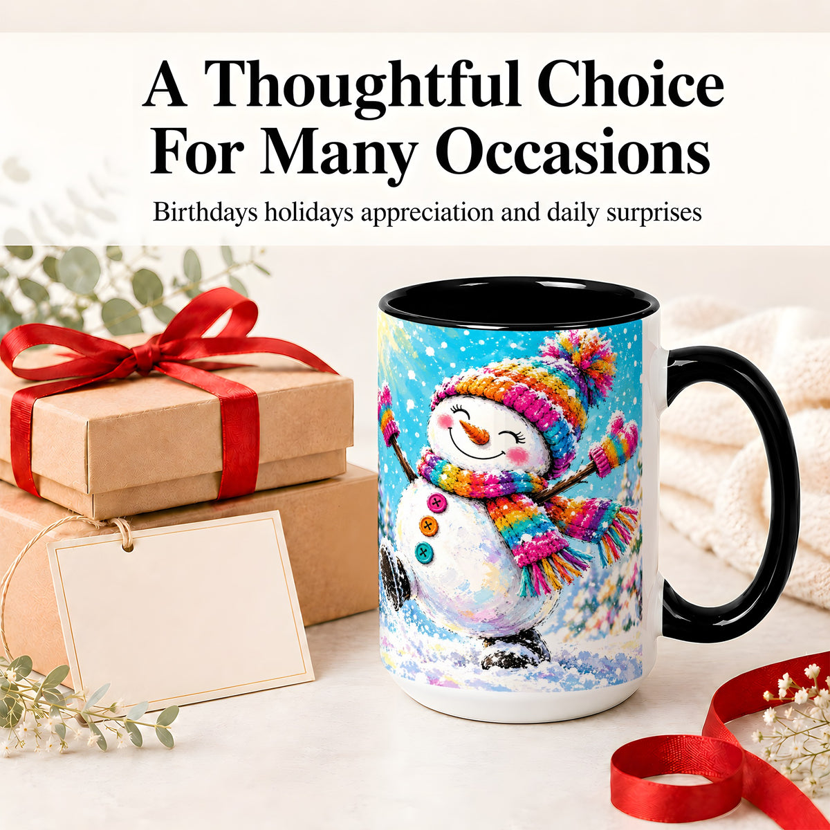 #pl[15oz|Black] Colorful Winter Snowman Ceramic Mug, Snowy Seasonal Artwork