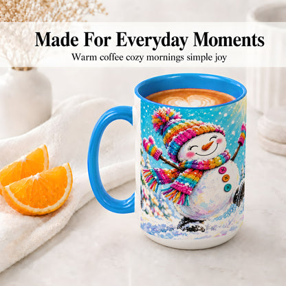 #pl[15oz|Blue] Colorful Winter Snowman Ceramic Mug, Snowy Seasonal Artwork