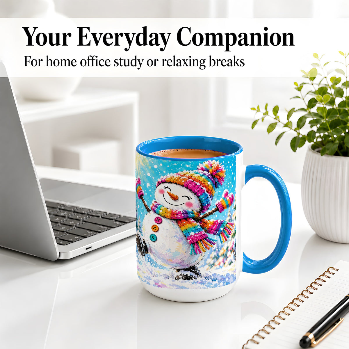 #pl[15oz|Blue] Colorful Winter Snowman Ceramic Mug, Snowy Seasonal Artwork