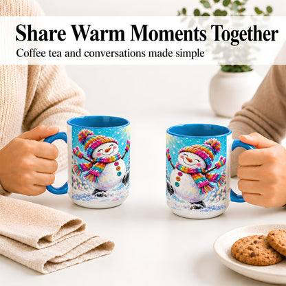 #pl[15oz|Blue] Colorful Winter Snowman Ceramic Mug, Snowy Seasonal Artwork