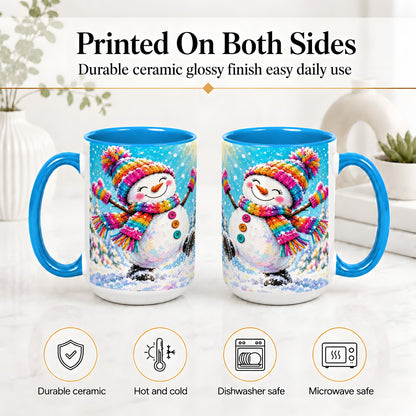 #pl[15oz|Blue] Colorful Winter Snowman Ceramic Mug, Snowy Seasonal Artwork