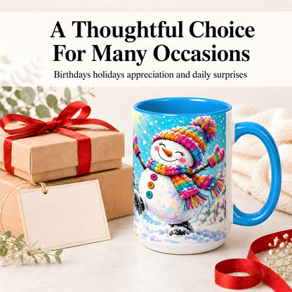 #pl[15oz|Blue] Colorful Winter Snowman Ceramic Mug, Snowy Seasonal Artwork