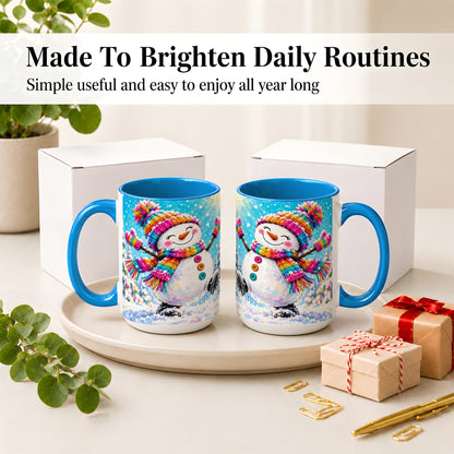 #pl[15oz|Blue] Colorful Winter Snowman Ceramic Mug, Snowy Seasonal Artwork