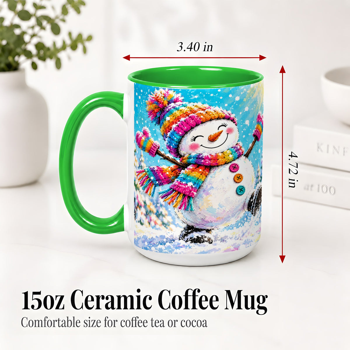 #pl[15oz|Green] Colorful Winter Snowman Ceramic Mug, Snowy Seasonal Artwork