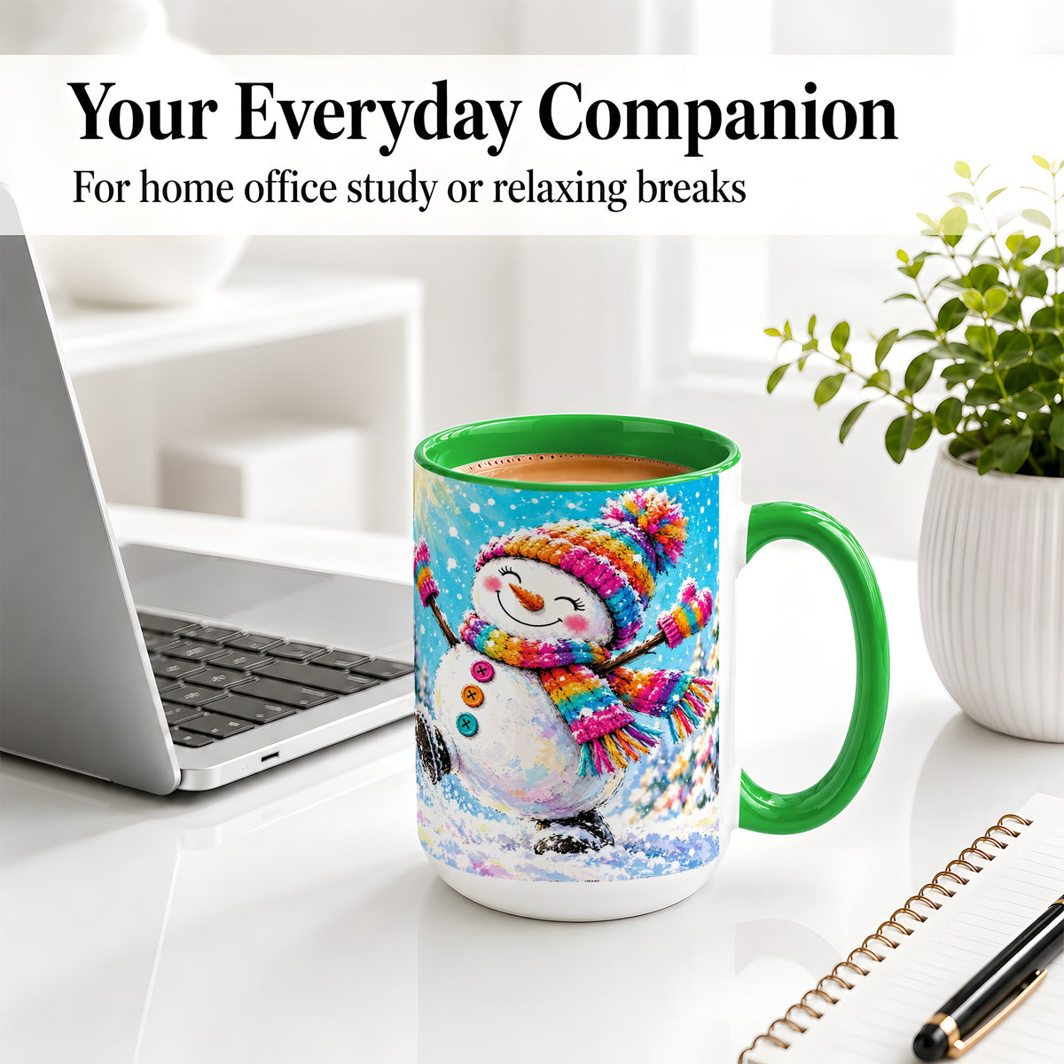 #pl[15oz|Green] Colorful Winter Snowman Ceramic Mug, Snowy Seasonal Artwork