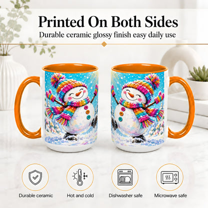 #pl[15oz|Orange] Colorful Winter Snowman Ceramic Mug, Snowy Seasonal Artwork