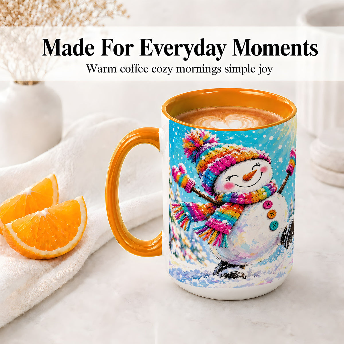 #pl[15oz|Orange] Colorful Winter Snowman Ceramic Mug, Snowy Seasonal Artwork