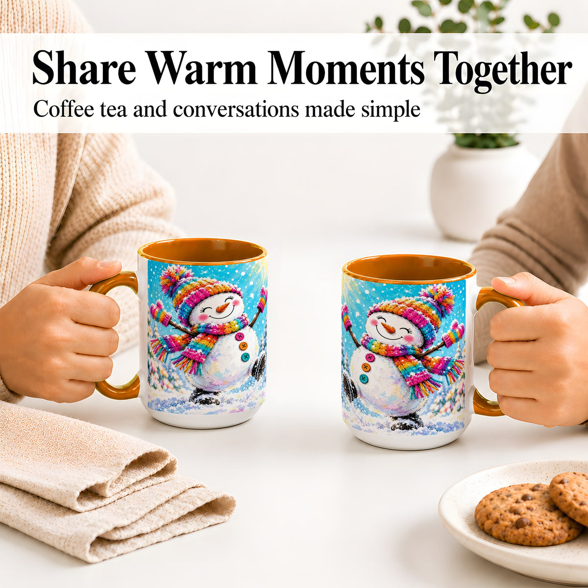 #pl[15oz|Orange] Colorful Winter Snowman Ceramic Mug, Snowy Seasonal Artwork