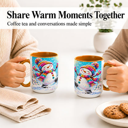 #pl[15oz|Orange] Colorful Winter Snowman Ceramic Mug, Snowy Seasonal Artwork