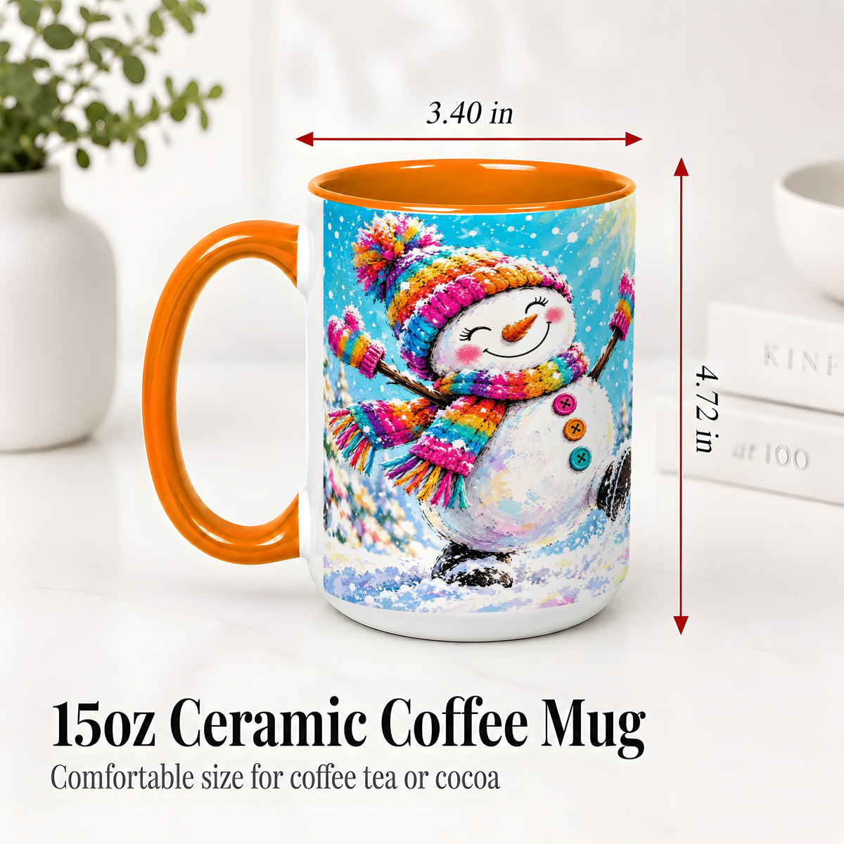 #pl[15oz|Orange] Colorful Winter Snowman Ceramic Mug, Snowy Seasonal Artwork