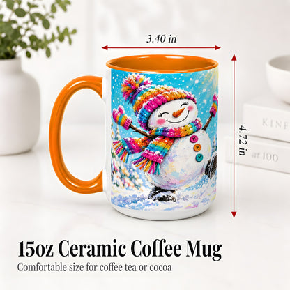 #pl[15oz|Orange] Colorful Winter Snowman Ceramic Mug, Snowy Seasonal Artwork