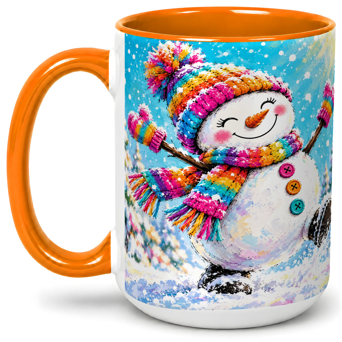 #pl[15oz|Orange] Colorful Winter Snowman Ceramic Mug, Snowy Seasonal Artwork