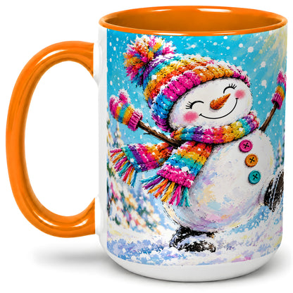 #pl[15oz|Orange] Colorful Winter Snowman Ceramic Mug, Snowy Seasonal Artwork