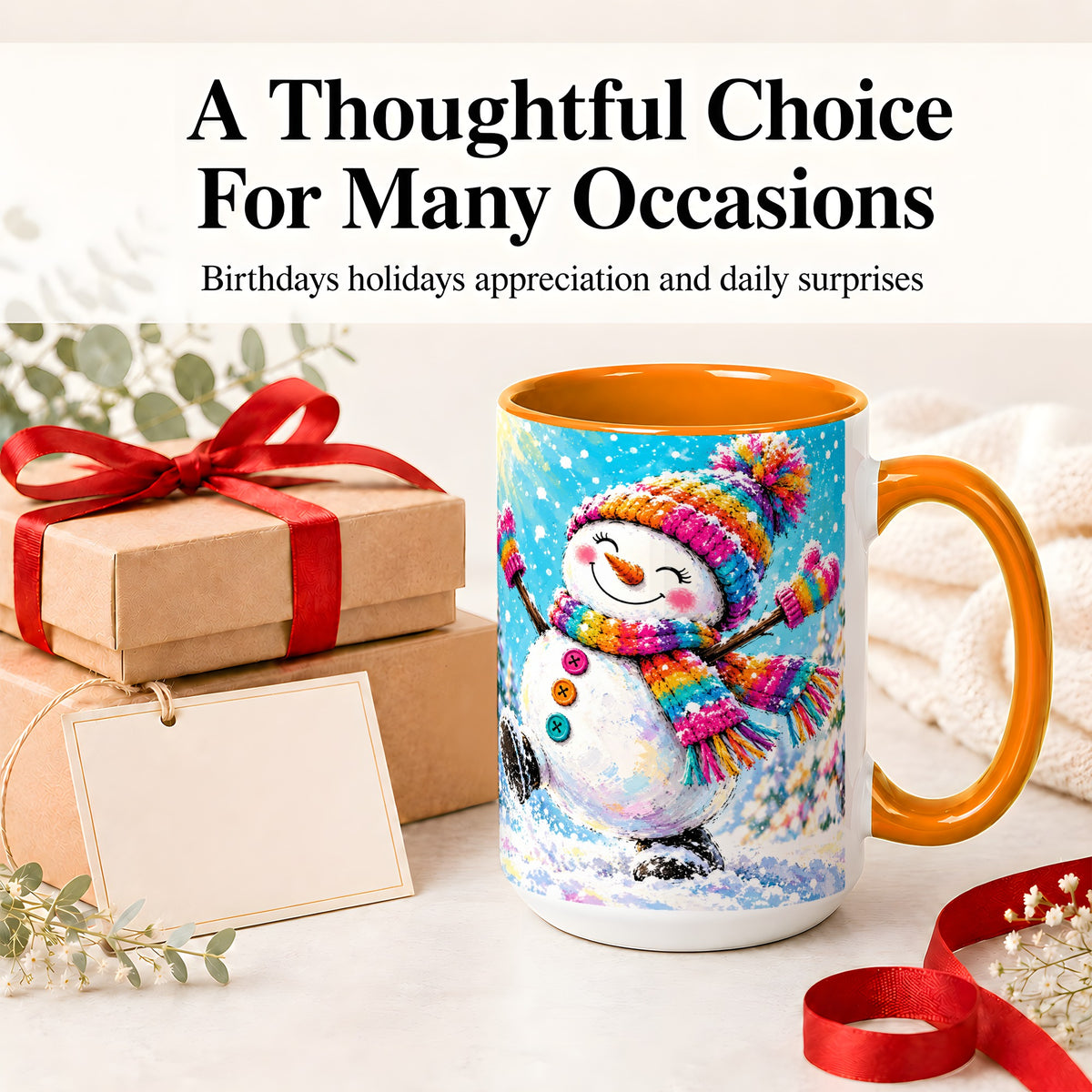 #pl[15oz|Orange] Colorful Winter Snowman Ceramic Mug, Snowy Seasonal Artwork