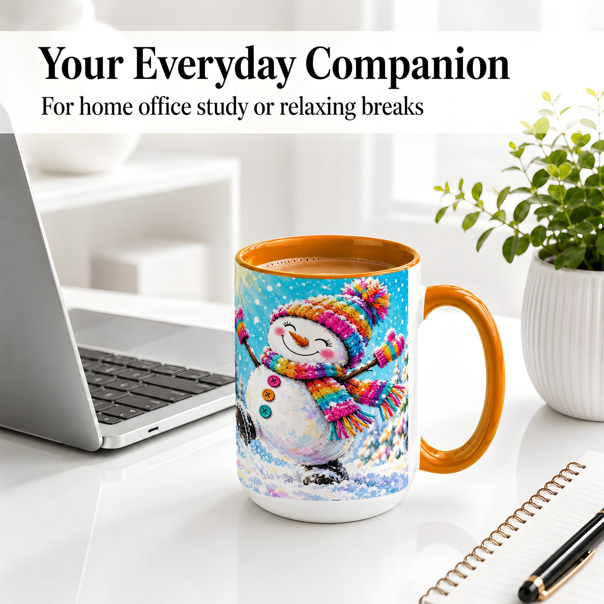 #pl[15oz|Orange] Colorful Winter Snowman Ceramic Mug, Snowy Seasonal Artwork