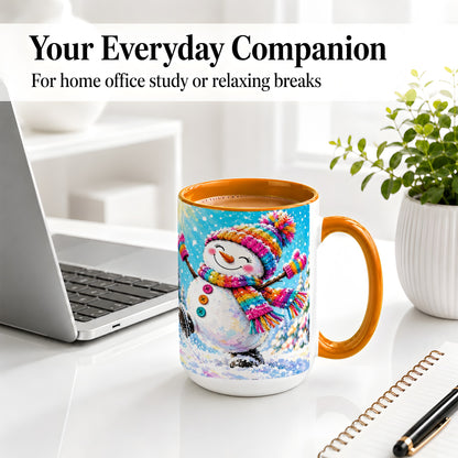 #pl[15oz|Orange] Colorful Winter Snowman Ceramic Mug, Snowy Seasonal Artwork