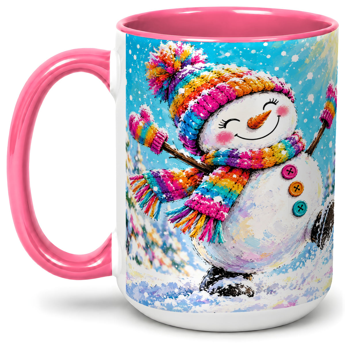 #pl[15oz|Pink] Colorful Winter Snowman Ceramic Mug, Snowy Seasonal Artwork