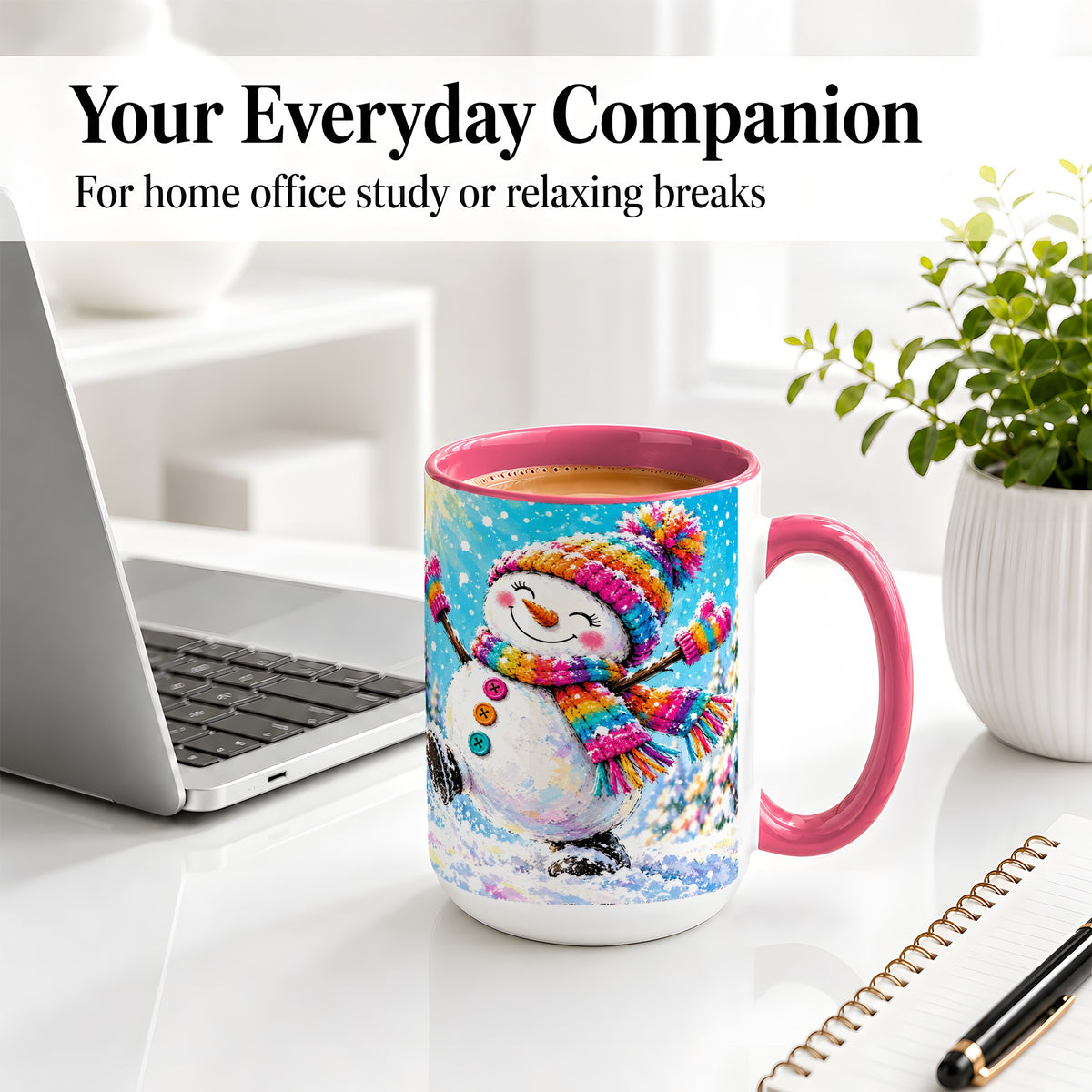 #pl[15oz|Pink] Colorful Winter Snowman Ceramic Mug, Snowy Seasonal Artwork