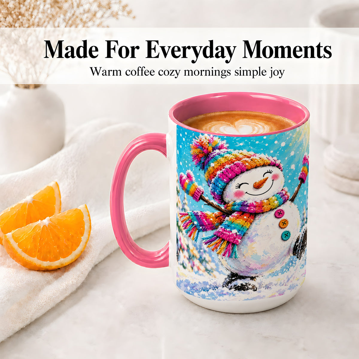 #pl[15oz|Pink] Colorful Winter Snowman Ceramic Mug, Snowy Seasonal Artwork
