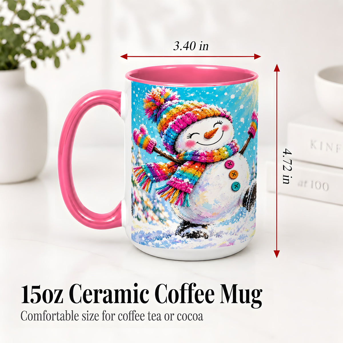 #pl[15oz|Pink] Colorful Winter Snowman Ceramic Mug, Snowy Seasonal Artwork