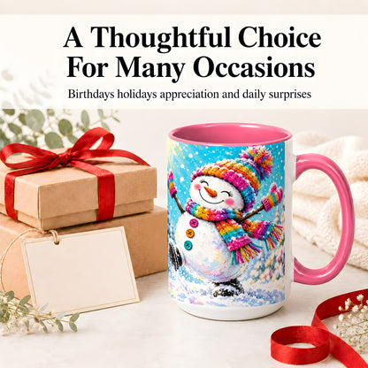 #pl[15oz|Pink] Colorful Winter Snowman Ceramic Mug, Snowy Seasonal Artwork