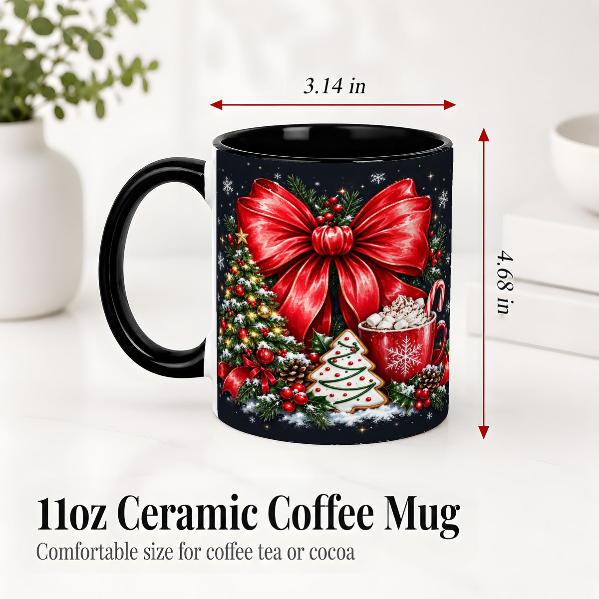#pl[11oz|Black] Christmas Red Bow Ceramic Mug, Tree Cocoa Winter Holiday Artwork
