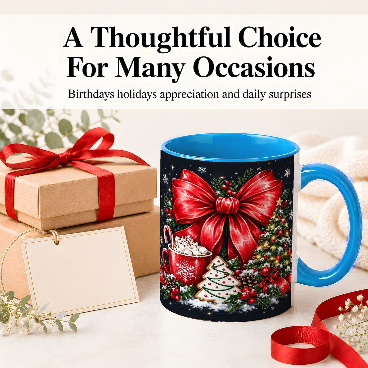 #pl[11oz|Blue] Christmas Red Bow Ceramic Mug, Tree Cocoa Winter Holiday Artwork
