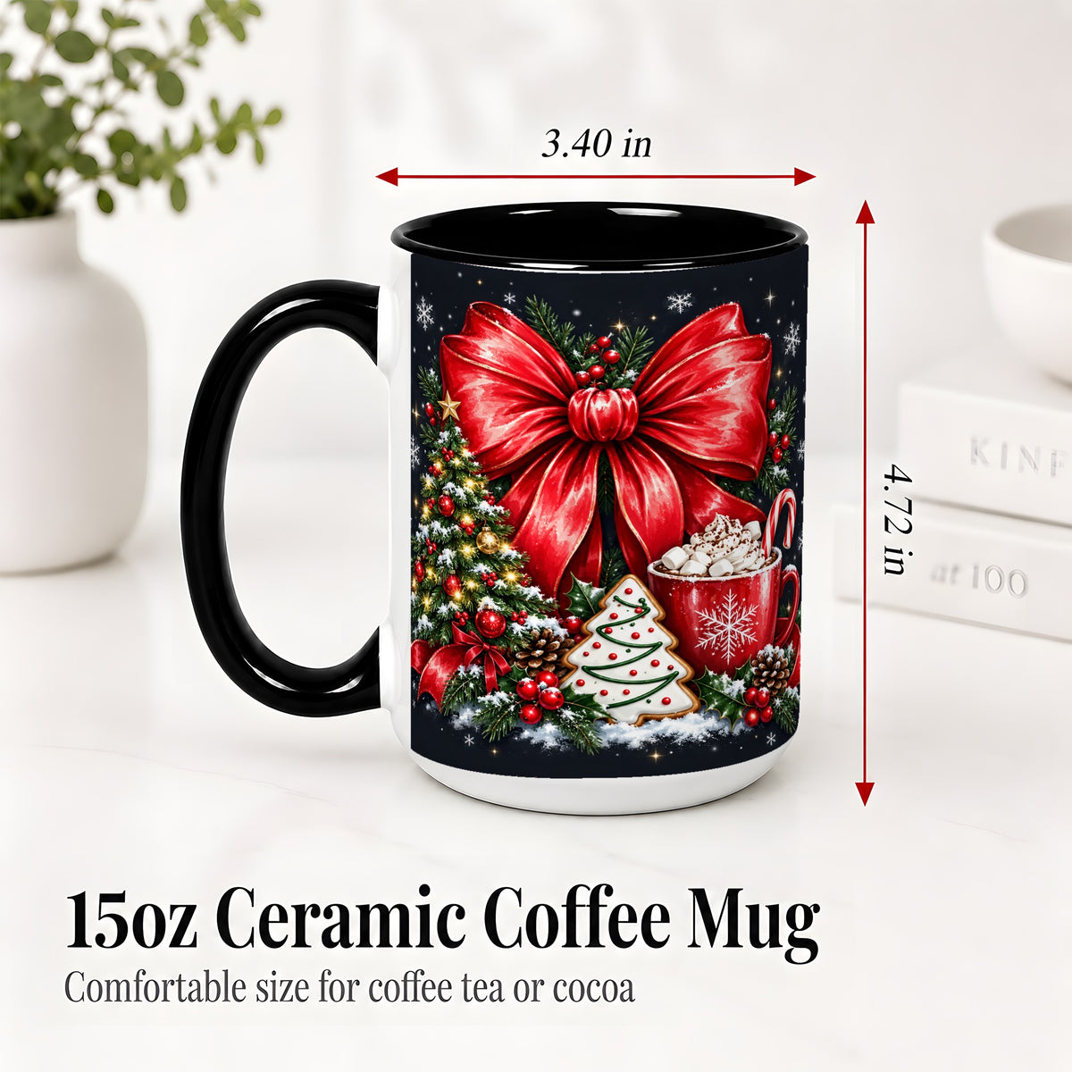 #pl[15oz|Black] Christmas Red Bow Ceramic Mug, Tree Cocoa Winter Holiday Artwork