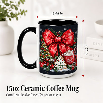 #pl[15oz|Black] Christmas Red Bow Ceramic Mug, Tree Cocoa Winter Holiday Artwork