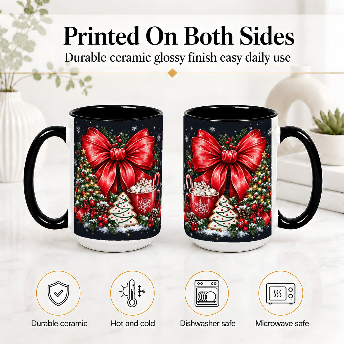 #pl[15oz|Black] Christmas Red Bow Ceramic Mug, Tree Cocoa Winter Holiday Artwork