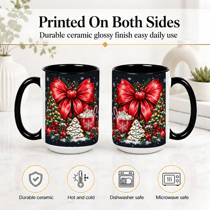 #pl[15oz|Black] Christmas Red Bow Ceramic Mug, Tree Cocoa Winter Holiday Artwork
